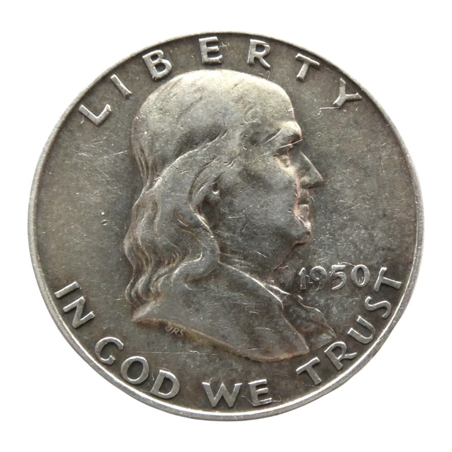 United States half Dollar 1050-D "Franklin Half Dollar" silver coin: Issuer United StatesPeriod Federal republic (1776-date)Type Standard circulation coinYears 1948-1963Value ½ Dollar = 50 Cents½ USD = SEK 5.48Currency Dollar (1785-date)Composition Silver