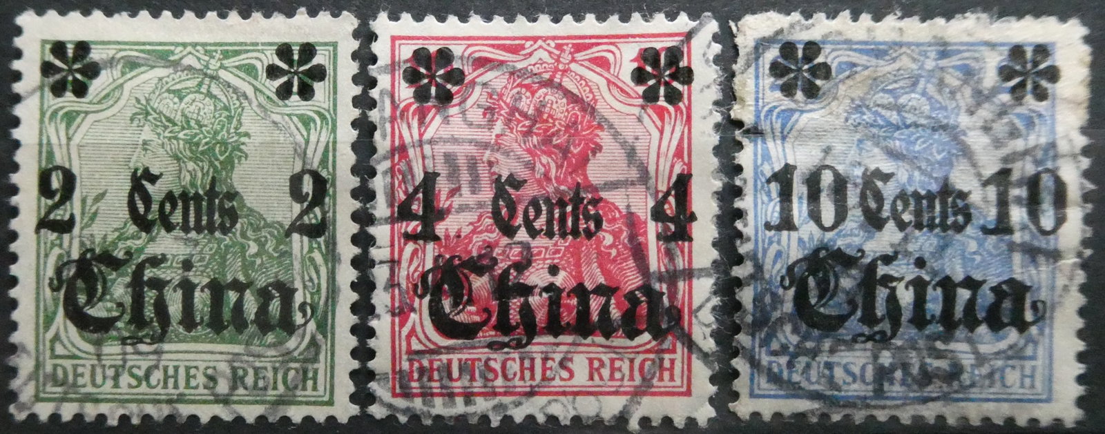 China 1905 German Post Office Overprint 10, 4, 2 cent Scott CHI 40, 39, 38: Country: China - German Post Office (general issues) Series: German International Post Offices in China Catalog number: Michel DR-CHI 29 Stamp Number DR-CHI 38 Yvert et Tellier DR-CHI 30 Stanley Gibbo