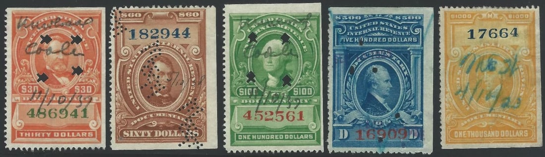 US Scott R-246 to 250, High Dollar Value Documentary Issues of 1917: US Scott R-246 to 250, High Dollar Value Documentary Issues of 1917