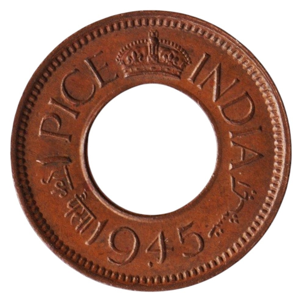 1945 British Colony 1 Pice (Large legend - high or flat crown) copper coin: Country:India / European coloniesSeries:1936 -1947 - Emperor George VICatalog number:Colnect codes IN-BR-000013Whole world coins km533Variants:Click to see variantsTheme:Wreaths | Crowns and Diadems L