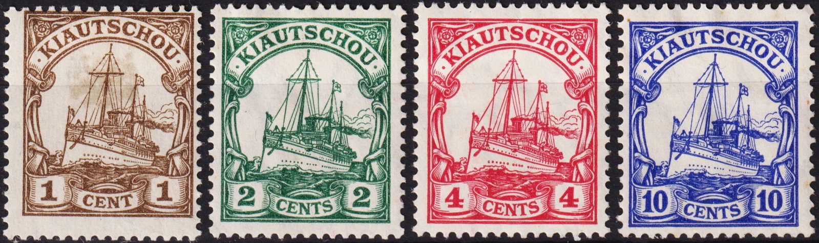 China Lot German Post Office Kiaochow SMS Hohenzollern 1 - 10 Chinese cents Scott KIA 33-36: Country:Kiau Chau (China)Catalog number:Michel DR-KIA 28-31Stamp Number DR-KIA 33.36Yvert et Tellier DR-KIA 24-27Stanley Gibbons DR-KIA 34-37AFA number DR-KIA 28-31Theme:Ship | Type of keyboard | Stea