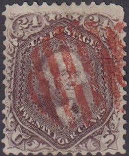 US 1862, 24 cent George Washingt red purple Scott 70 red grid VF: Series:1861-1866 National Bank Note Co.Catalog number:Minus 23, Sn:US 70, Sg:US 74, Un:US 26Has smaller variants: 7Released:1862-01-07Colors:red purplePaper:Hard white woveRubber ring:Yellow