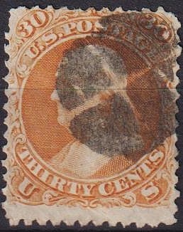 US 1861, 30 cent deep Orange cancel, Scott 71 VF: Country:USASeries:1861-1866 National Bank Note Co.Catalog number:Colnect codes US 1861.08.20-02aTheme:Famous people | Author | Literature | Literary people (Poets and Poets) | Men | Politician | State