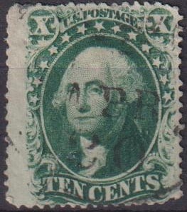 US 1857 10c Green, Ty. III (Scott 33) cancel, VF (1 of 2)