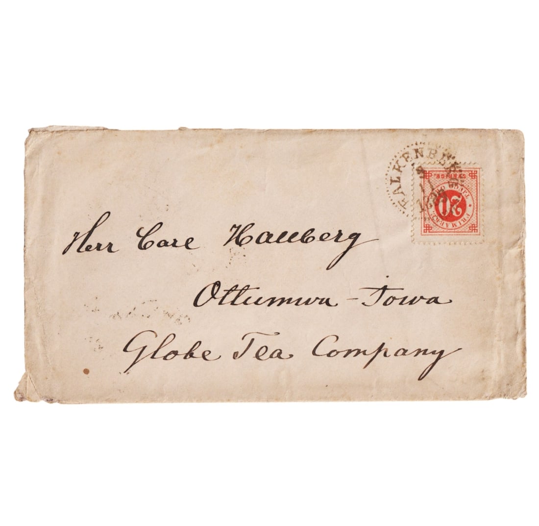Letter sent 1889 Ottumwa, Iowa, USA Globe Tea Company. Stamped Falkenberg (Sweden) 5.11.1889 stamped: Letter sent 1889 Ottumwa, Iowa, USA Globe Tea Company. Stamped Falkenberg (Sweden) 5.11.1889 stamped