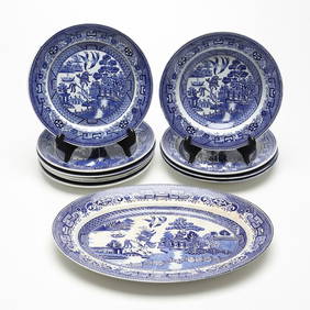 Early 20th Century Rorstrand “Willow Pattern” Plate Set, 10 pcs + Platter (1 of 4)