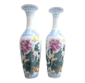 Pair of Chinese Eggshell Porcelain Vases, Blue & White with Peonies, 43 cm (1 of 10)