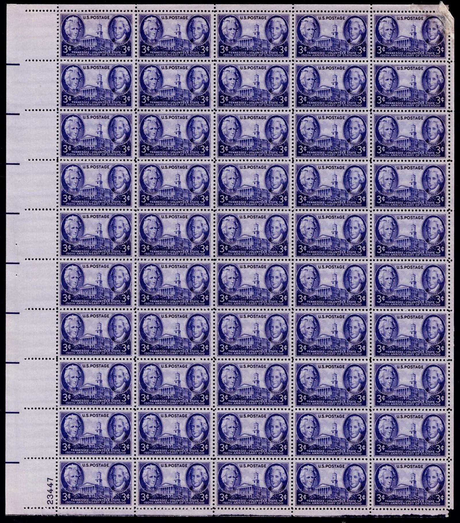 1948 U.S. Capitol 150th Anniversary Sheet, Plate No. 23447, Scott 964: This complete sheet of 50 U.S. postage stamps commemorates the 150th anniversary of the U.S. Capitol Building, issued in 1948. The design features a detailed portrait of George Washington alongside a 