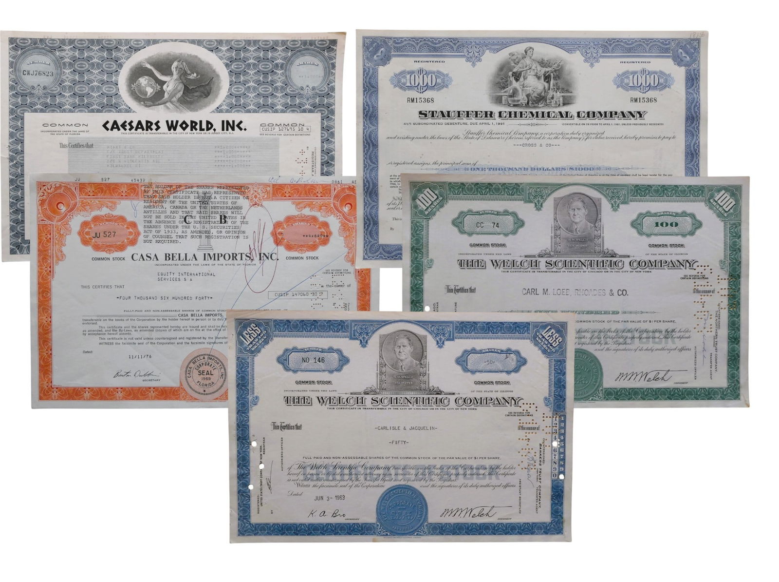 1960s–70s U.S. stock certificates, group of 5, incl. Welch & Caesars World (1 of 11)