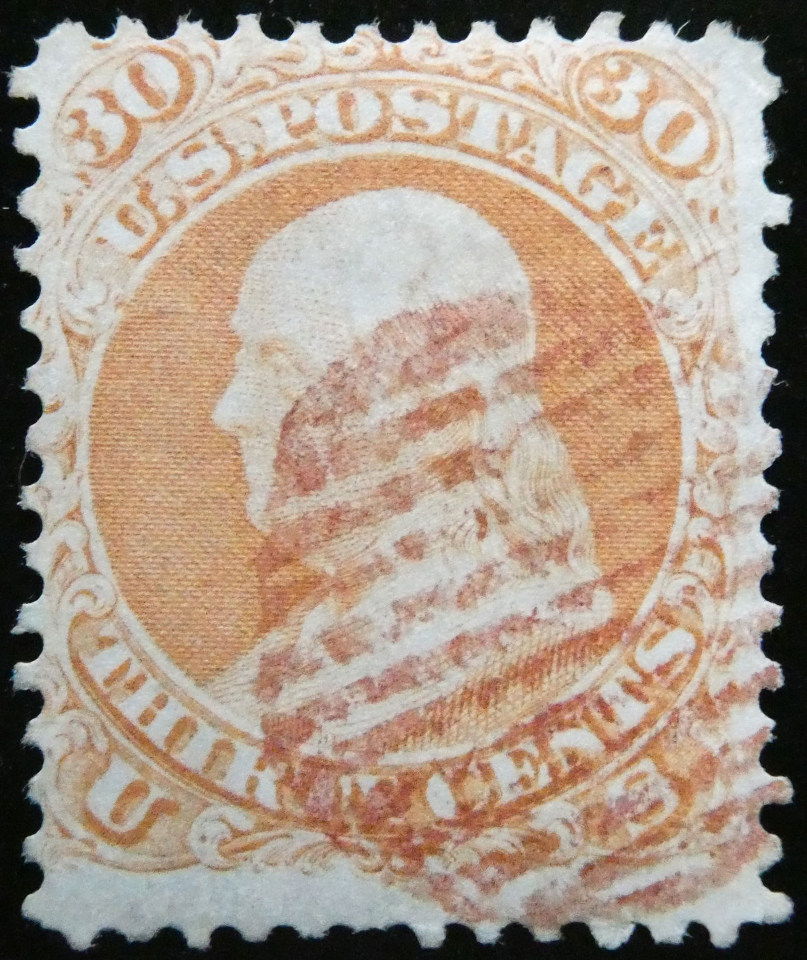 1860 30c Orange Washington, Red Grid Cancel, Scott 38 (1 of 2)