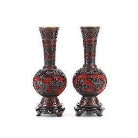Qing Dynasty red and black lacquer porcelain vases, ca. 19th century (1 of 3)