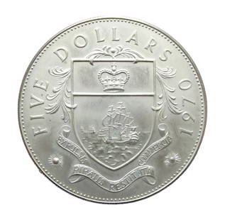 1971 Bahamas 5 Dollars Silver Proof Coin, Elizabeth II: This 5 Dollar coin from the Bahamas was issued in 1971 under Queen Elizabeth II and belongs to the non-circulating commemorative series minted during the early years of Bahamian independence. Struck i