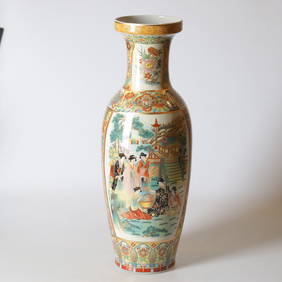 Japanese Satsuma-style Floor Vase, Polychrome Garden Scene, c. 20th Century (1 of 13)