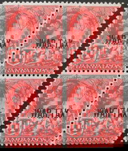1917 Barbados War Tax Block of 4, SG 198, Mint Never Hinged: This is a well-preserved block of four 1917 War Tax overprinted postage stamps from Barbados, catalogued as Stanley Gibbons SG 198. The stamps, originally 1 penny red definitive issues featuring the l