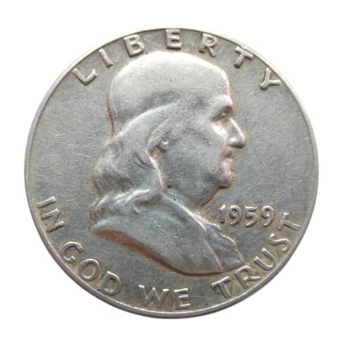 US 1959 Benjamin Franklin LIBERTY BELL Hallf Dollar Silver Coin (1 of 2)
