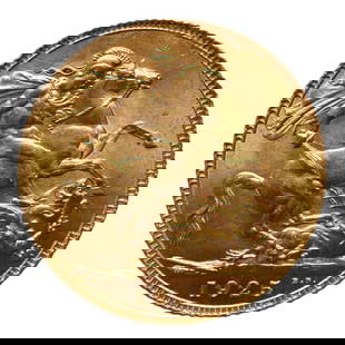 1925 Great Britain Gold Sovereign, George V: This gold sovereign was struck in 1925 under the reign of King George V, during the final year of sovereign coinage intended for circulation in the interwar period. The obverse features a left-facing