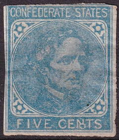 US 1862 5¢ Jefferson Davis, CSA, blue, De La Rue thin paper, Scott CS 7 (1 of 2)