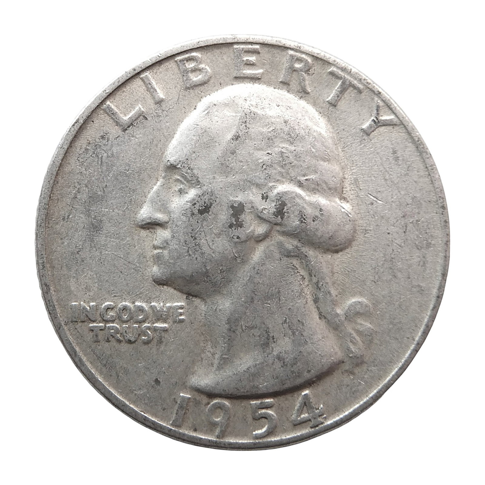 1954 Washington Quarter, Silver .900, Philadelphia Mint, KM164: This 1954 Washington Quarter was struck at the Philadelphia Mint and is part of the B04a series that ran from 1932 to 1964, before the elimination of silver from circulating quarters. Designed by John