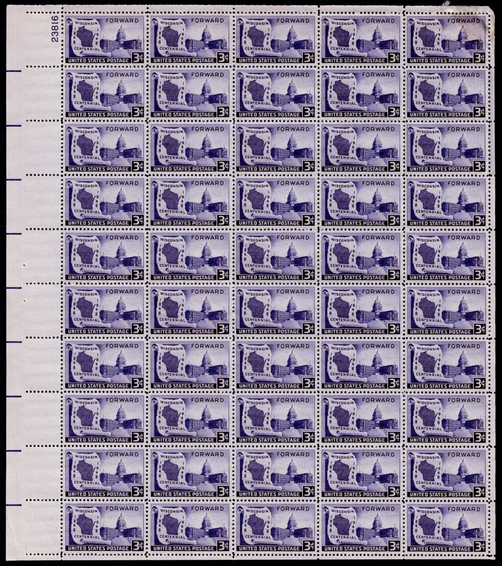 US 1948 Wisconsin Centennial Issue, complete plate block of 50, Sc US 957 (1 of 2)