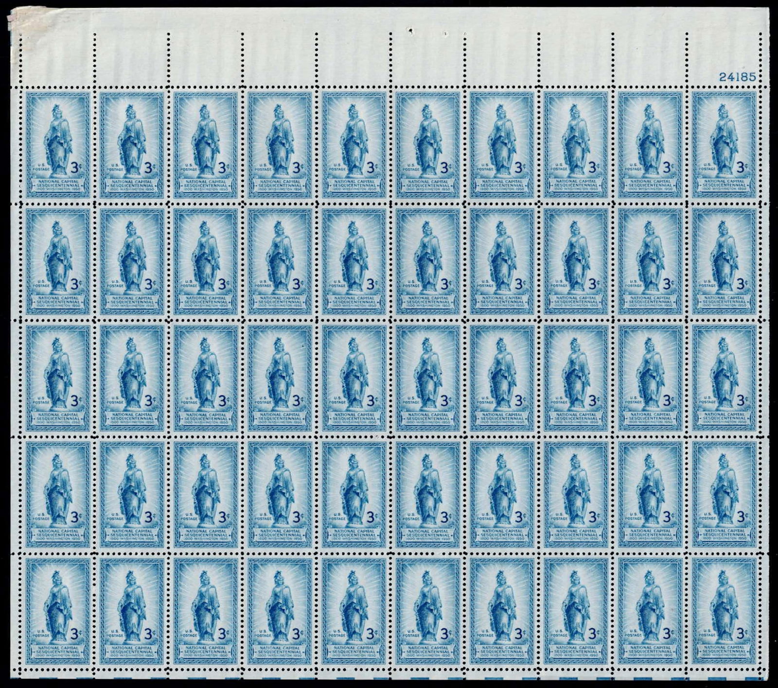 1950 U.S. 3c Statue of Freedom, Full Mint Sheet of 50, Scott #1009 (1 of 2)