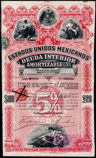 1898 Mexico Internal Debt 5% Bond, $100, Third Series, Waterlow Printing: This ornate and historically significant Mexican bond certificate, issued in April 1898, represents a $100 denomination of the ?Deuda Interior Amortizable del 5%,” part of the third emission ser