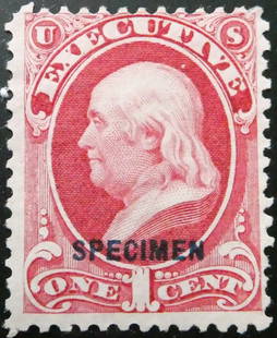 1879 U.S. Executive Official 1 cent Franklin, SPECIMEN, Scott O10S: This 1879 U.S. Official stamp, issued for the Executive Department and overprinted with the word ?SPECIMEN&rdquo; in black, features a finely engraved bust of Benjamin Franklin in profile?one of the m