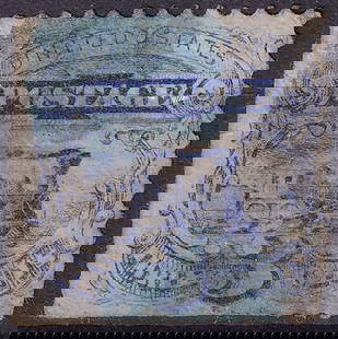 1869 USA 3c Locomotive ultramarine, clipped margin, Scott 114: Issued on March 27, 1869, this 3 cent stamp from the United States Pictorial Issue features the iconic Baldwin 4-4-0 steam locomotive, symbolizing the power and promise of industrial expansion in post