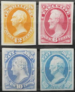 1873-84 U.S. Official Stamps Proof Set on Card, Scott O40p4, O6p4, O13p4, O43p4: This is a highly attractive group of four United States Official stamp plate proofs on card, issued circa 1873?1884 as part of the first U.S. Official Department series, and mounted on original white