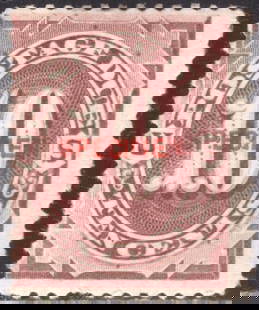 1884 10c U.S. Postage Due Specimen, Vermilion, Scott J19S MNH: This is a striking example of the 1884 10-cent U.S. Postage Due stamp bearing the rare ?Specimen&rdquo; overprint, listed as Scott J19S. Printed in bright vermilion on unwatermarked soft porous paper,