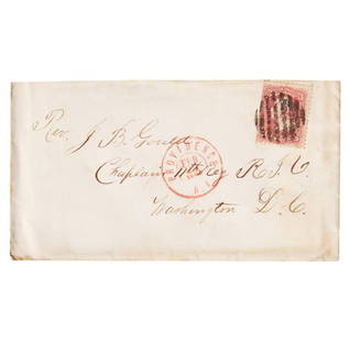US 1864 Civil War Patriotic Cover, 3c Rose Washington, Providence to DC: This Civil War-era patriotic cover, postmarked February 10, 1864 in Providence, Rhode Island, was addressed to Reverend J.B. Gould, Chaplain of the 14th Regiment of Rhode Island (R.I.) stationed in Wa