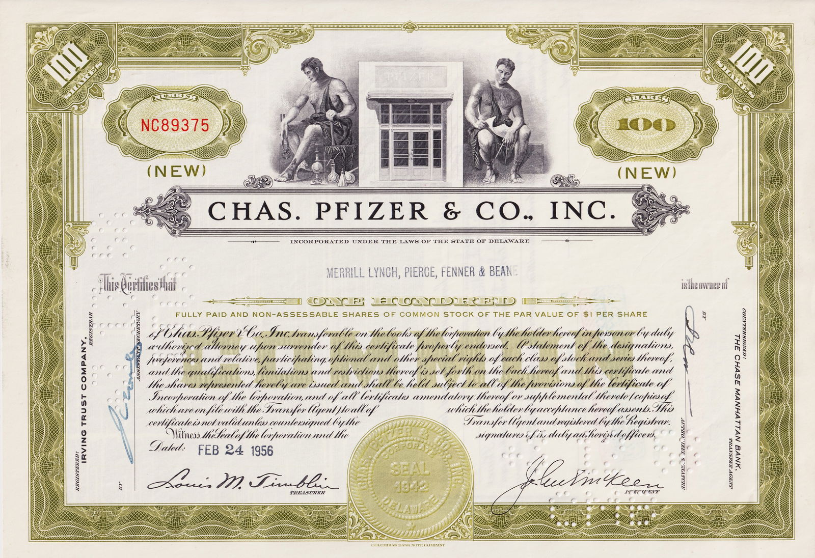 1956 Chas. Pfizer & Co. Inc. Stock Certificate, 100 Shares, Delaware Issued (1 of 2)