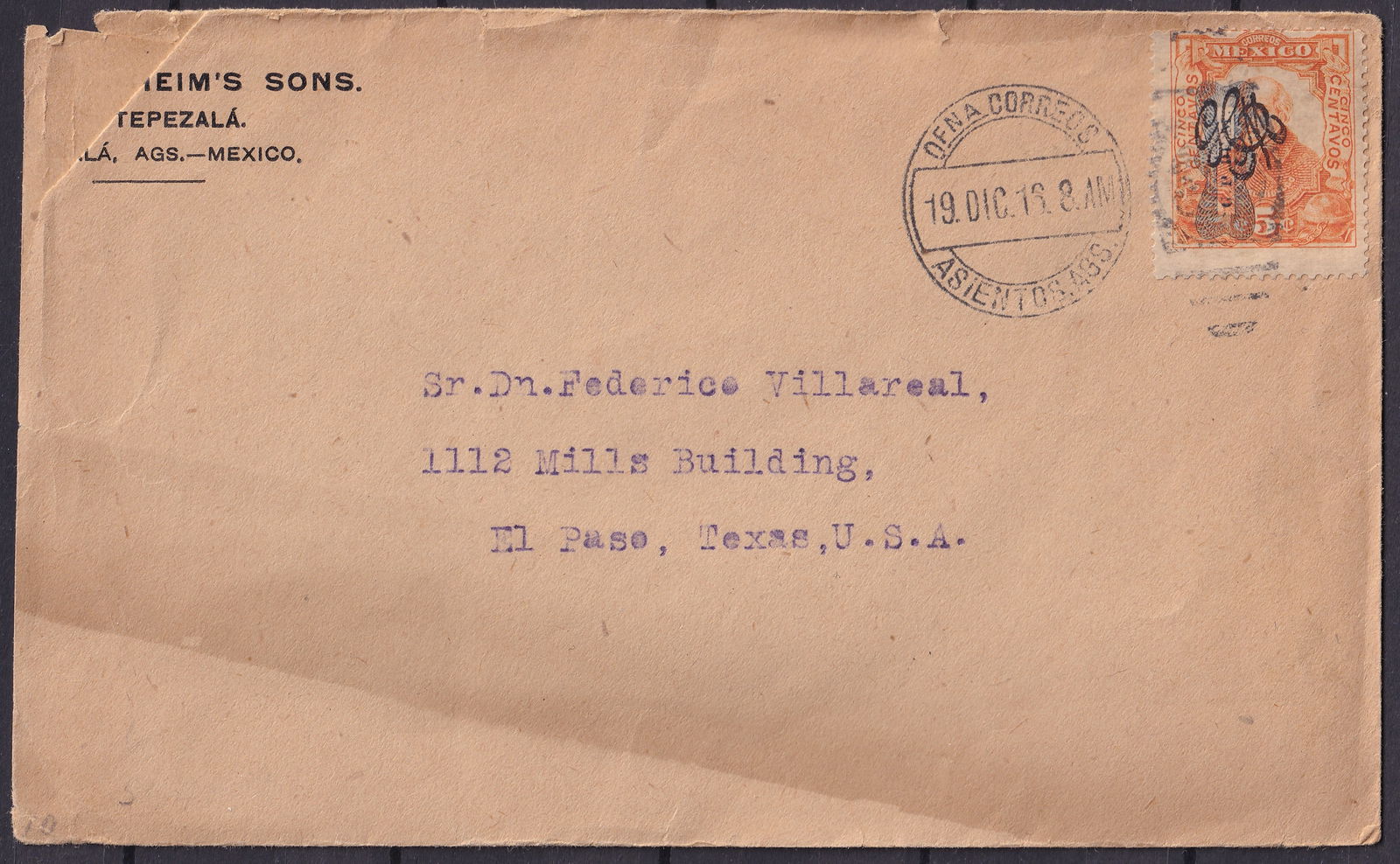 1916 Mexico ?G.P. de M.? Cover to Texas, Carranza Overprint on 5c Orange (1 of 3)