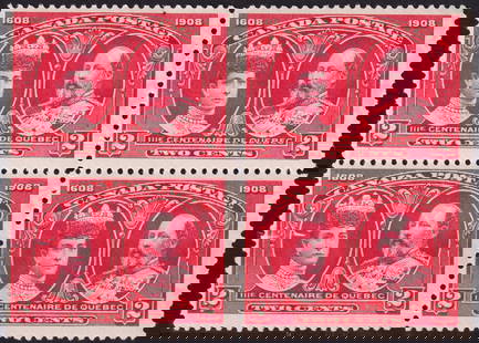 1908 Qu?bec Tercentenary 2? King Edward VII & Queen Alexandra block, Sc 97: Issued in 1908 to commemorate the 300th anniversary of the founding of Qu?bec City in 1608, this Canadian 2-cent stamp features dual portraits of King Edward VII and Queen Alexandra in a striking carm