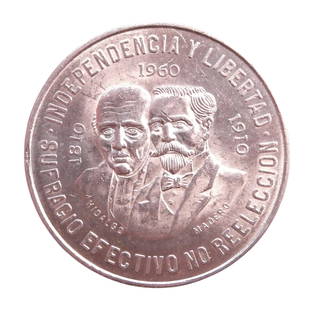 1960 Mexico 10 Pesos Silver Centennial of Independence Coin: This Mexican 10 Pesos silver coin was issued in 1960 to commemorate the centennial of the country's War of Independence (1810) and the 50th anniversary of the Mexican Revolution (1910). The obverse fe