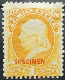 1873 Official Stamp, Franklin 1, SPECIMEN overprint, Scott O1s: This is a pristine example of the 1873 United States Official stamp issued for the Executive Department, featuring a 1 cent denomination and portraying Benjamin Franklin. Printed by the Continental Ba