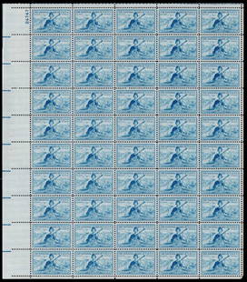 1953 U.S. 3 cent National Guard Full Sheet, Scott #1017, MNH: This is a full pane of 50 mint never hinged 3-cent postage stamps issued by the United States in 1953, commemorating the vital role of the National Guard "In War and In Peace." Catalogued as Scott #10