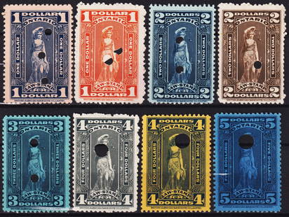 1929?1940 Canada Revenue Stamps, Ontario Law Series, van Dam OL84, $1?$5: This lot consists of eight used Canadian revenue stamps from the Ontario Law Stamp series, issued between 1929 and 1940, catalogued under van Dam OL84. These stamps were used to collect fees for legal