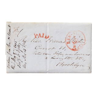 1845 Folded Letter Sheet, New York to Brooklyn, Red ?PAID? Mark: This is a beautifully preserved folded letter sheet dated November 6, 1845, sent from Chelsea Square, New York City, to Reverend Thomas Minton in Brooklyn. The front displays a prominent red ?PAID&rdq