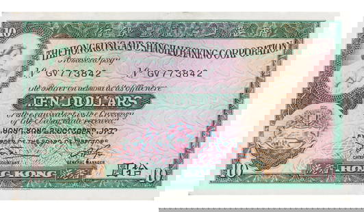 1973 Hong Kong $10 Note, HSBC Issue, GV Prefix, Crisp Condition: This $10 banknote, issued by The Hongkong and Shanghai Banking Corporation and dated 31 October 1973, represents one of the classic pre-handover designs of colonial Hong Kong currency. The front of th