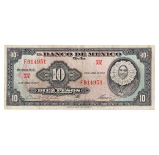 1963 Mexico 10 Pesos Banknote, Series AIK, Tehuana Portrait: This 10 Pesos banknote, issued by the Banco de M?xico on April 24, 1963, belongs to Series AIK and features striking designs produced by the American Bank Note Company. The obverse shows a finely engr