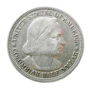 1893 US Columbian Exposition Half Dollar, Silver Commemorative: Struck in 1893 by the United States Mint, this circulating commemorative half dollar honors the World's Columbian Exposition held in Chicago to celebrate the 400th anniversary of Christopher Columbus'