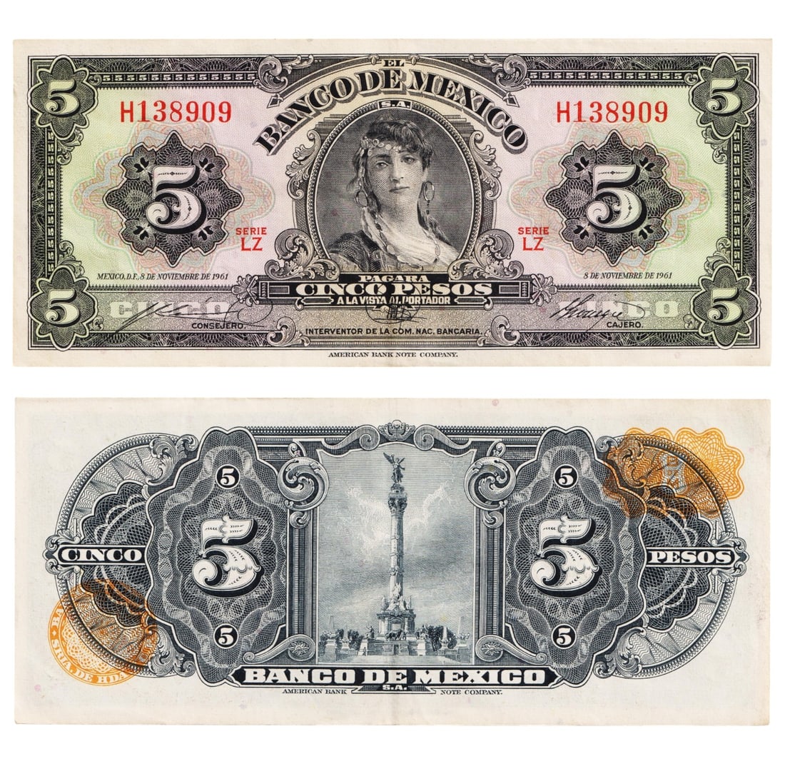 1961 Mexico Banco de M?xico 5 Pesos Banknote, Series LZ: This 5 pesos banknote issued by the Banco de M?xico on November 5, 1961, belongs to Series LZ and features intricate intaglio printing by the American Bank Note Company. The obverse presents a strikin