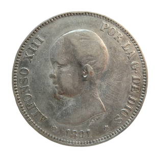 1891 Spain 5 Pesetas, Alfonso XIII, Silver Coin: Minted under the reign of King Alfonso XIII, this 1891 5 Pesetas coin represents the grandeur of late 19th-century Spanish numismatics. Struck in .900 fine silver and weighing 25 grams, the coin measu