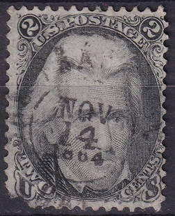US 1863 Andrew Jackson 2c, black, Cancel 14 Nov 1864, Scott 73: Issued on July 1, 1863, this 2-cent black stamp features a finely engraved portrait of Andrew Jackson, the seventh President of the United States and a towering figure in 19th-century American politic