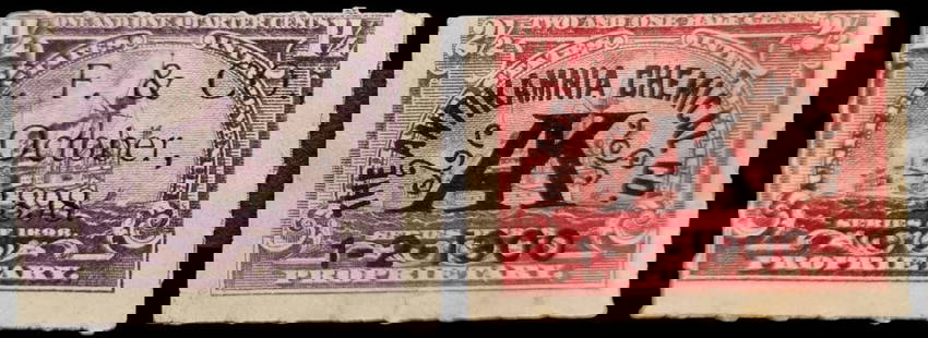 USA 1898?1900 Proprietary Stamps, E.F. & Co., The Antikamnia Chemical Co., Sc RB25, RB28, MNH: This lot consists of two rare proprietary stamps from the United States, issued between 1898 and 1900. The first stamp, Scott RB25, features a 1&frac14; cent denomination and was printed with a dark p