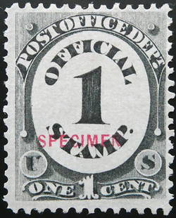 US 1 Cent Post due Post Office SPECIMEN Scott O47S MNH: This US 1 cent stamp is cataloged as Scott O47S, a specimen stamp issued for the United States Post Office Department. The "SPECIMEN" overprint in red was used to mark the stamp as non-valid for posta