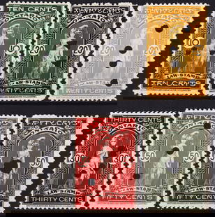 Canada Revenue Stamp - Law Stamps (1929) Lot, Used: A set of six Canadian Law Stamps from 1929, each with a distinct color and denomination. These stamps were issued by the British American Banknote Co. Ltd. and feature a depiction of a lady holding sc