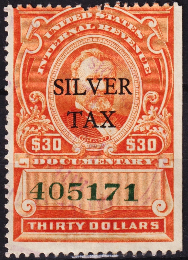 1934 $30 U.S. Silver Tax Revenue Stamp, RG19, VF Used Example (1 of 2)