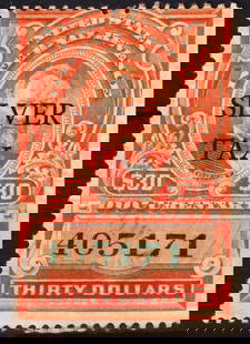 1934 $30 U.S. Silver Tax Revenue Stamp, RG19, VF Used Example: Issued in 1934 during the implementation of the Silver Purchase Act, this U.S. Internal Revenue stamp was specifically designed for documentary taxation on silver bullion transactions. Bearing the ove