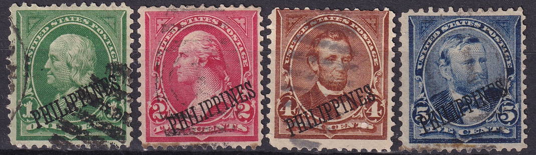 1899 Philippines Overprint, US Presidents Set of 4, Scott PH 213?PH 216: This is a matched used set of four stamps issued in the Philippines on June 30, 1899, featuring overprints on definitive U.S. postage stamps of the era, specifically from the U.S. Presidential Series.